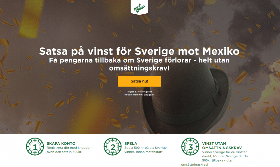 Sverige Mexiko riskfritt spel utan omsättningskrav - spela 500 kr riskfritt på Sverige mot Mexiko!