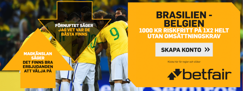 Odds tips Belgien Brasilien: spela omsättningsfritt på Belgien mot Brasilien!