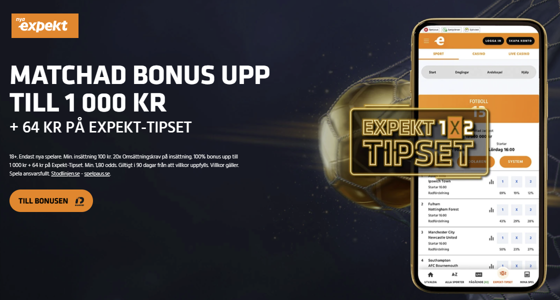 Expekt sport bonus - få 100 % matchat gratisspel upp till 1 000 kr i välkomstbonus!